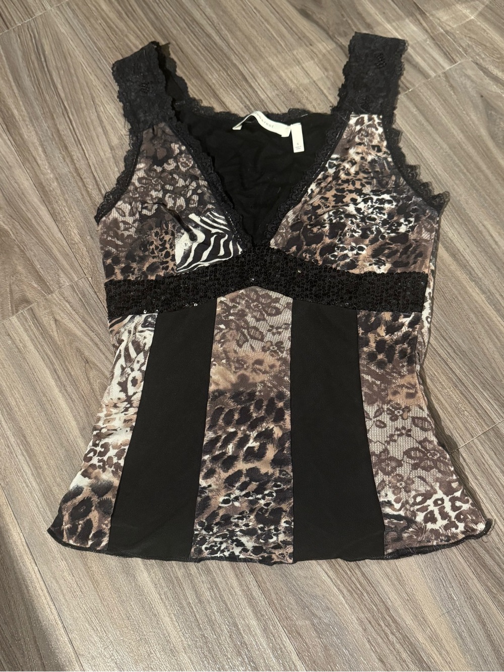 Women's Black and Brown Animal Print Lace Tank Top